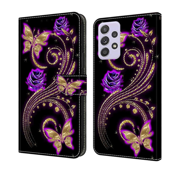 For Samsung Galaxy A52 / A52s 5G Crystal 3D Shockproof Protective Leather Phone Case(Purple Flower Butterfly)