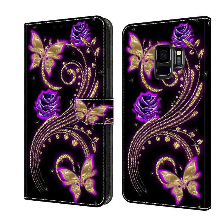 For Samsung Galaxy S9 Crystal 3D Shockproof Protective Leather Phone Case(Purple Flower Butterfly)