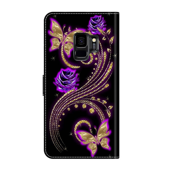 For Samsung Galaxy S9 Crystal 3D Shockproof Protective Leather Phone Case(Purple Flower Butterfly)