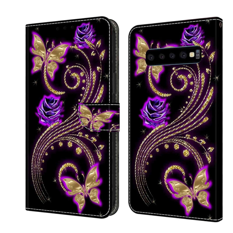 For Samsung Galaxy S10 Crystal 3D Shockproof Protective Leather Phone Case(Purple Flower Butterfly)
