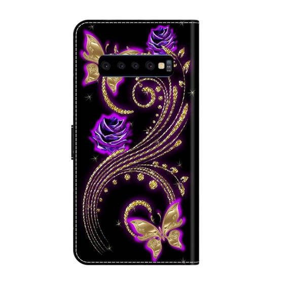 For Samsung Galaxy S10 Crystal 3D Shockproof Protective Leather Phone Case(Purple Flower Butterfly)