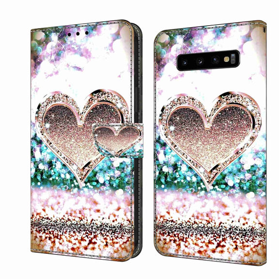 For Samsung Galaxy S10+ Crystal 3D Shockproof Protective Leather Phone Case(Pink Diamond Heart)