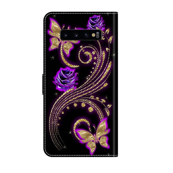 For Samsung Galaxy S10+ Crystal 3D Shockproof Protective Leather Phone Case(Purple Flower Butterfly)