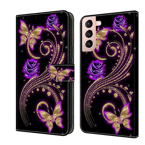 For Samsung Galaxy S21 Crystal 3D Shockproof Protective Leather Phone Case(Purple Flower Butterfly)