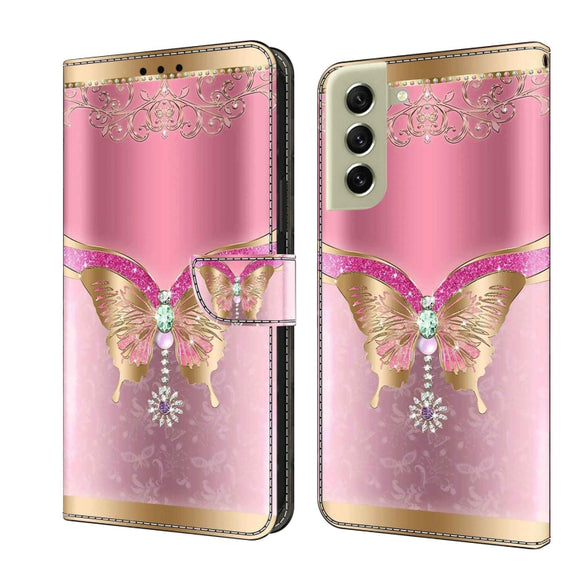 For Samsung Galaxy S21 FE 5G Crystal 3D Shockproof Protective Leather Phone Case(Pink Bottom Butterfly)