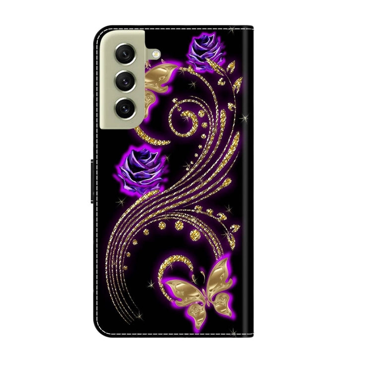 For Samsung Galaxy S21 FE 5G Crystal 3D Shockproof Protective Leather Phone Case(Purple Flower Butterfly)