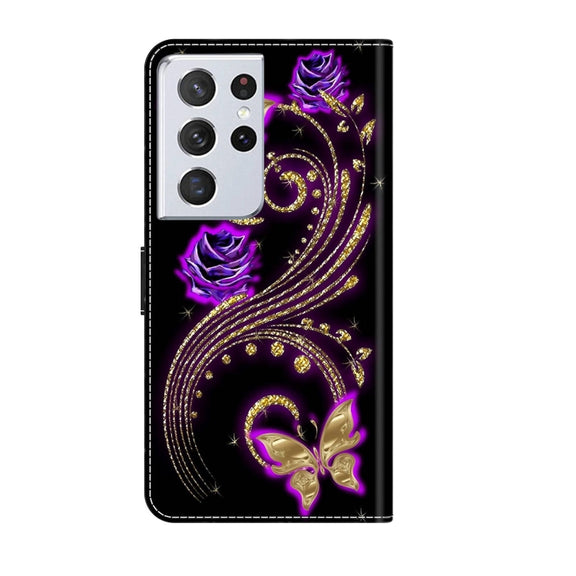 For Samsung Galaxy S21 Ultra Crystal 3D Shockproof Protective Leather Phone Case(Purple Flower Butterfly)