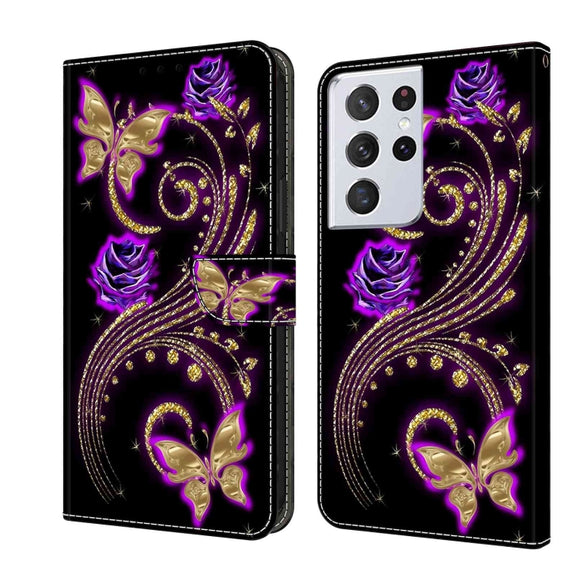 For Samsung Galaxy S21 Ultra Crystal 3D Shockproof Protective Leather Phone Case(Purple Flower Butterfly)