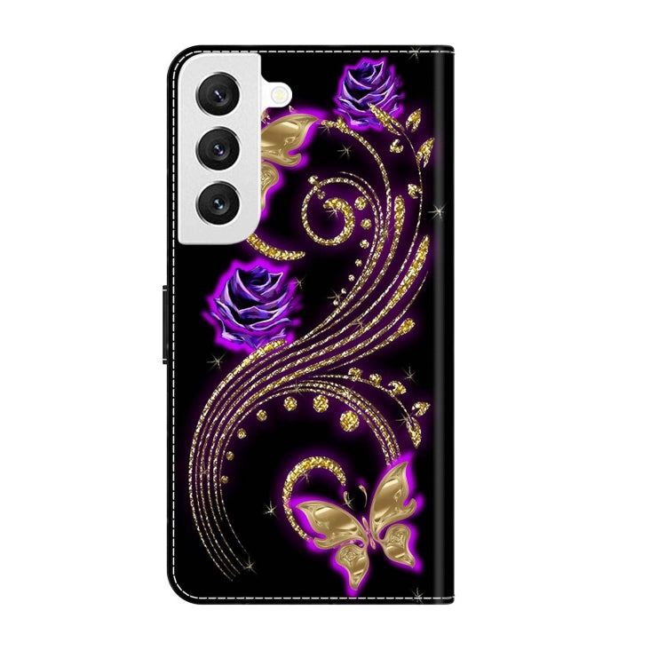 For Samsung Galaxy S22 Crystal 3D Shockproof Protective Leather Phone Case(Purple Flower Butterfly)