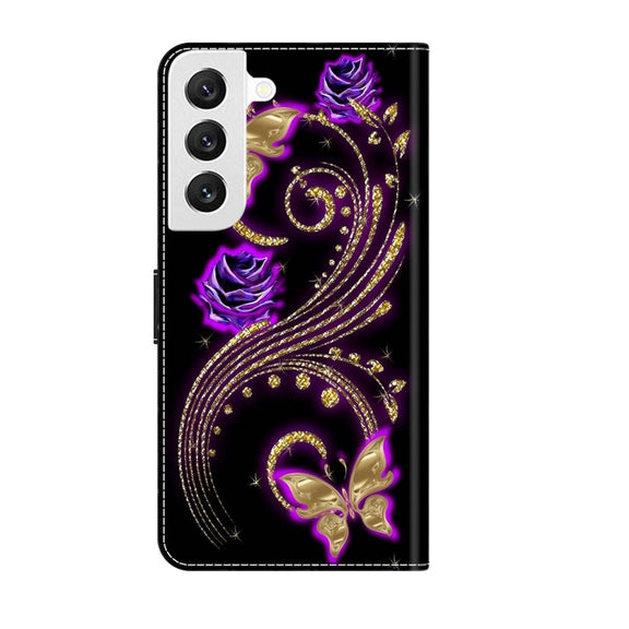 For Samsung Galaxy S22 Crystal 3D Shockproof Protective Leather Phone Case(Purple Flower Butterfly)