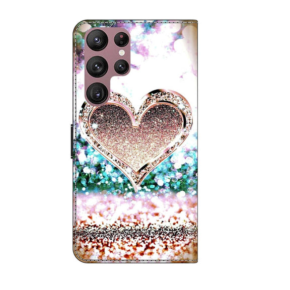 For Samsung Galaxy S22 Ultra Crystal 3D Shockproof Protective Leather Phone Case(Pink Diamond Heart)