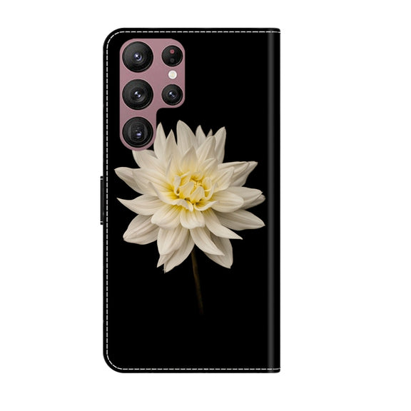 For Samsung Galaxy S22 Ultra Crystal 3D Shockproof Protective Leather Phone Case(White Flower)