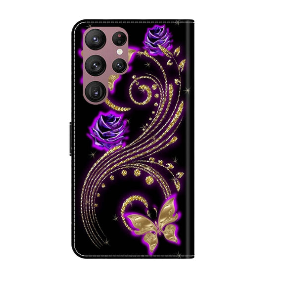For Samsung Galaxy S22 Ultra Crystal 3D Shockproof Protective Leather Phone Case(Purple Flower Butterfly)