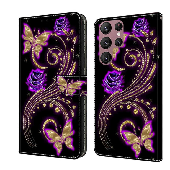 For Samsung Galaxy S22 Ultra Crystal 3D Shockproof Protective Leather Phone Case(Purple Flower Butterfly)