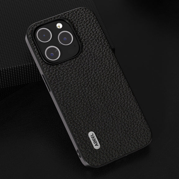 For iPhone 14 Pro ABEEL Genuine Leather Litchi Texture Phone Case(Black)