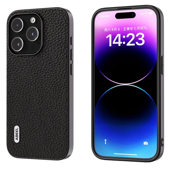 For iPhone 14 Pro ABEEL Genuine Leather Litchi Texture Phone Case(Black)