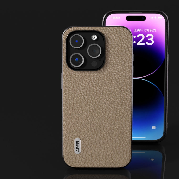 For iPhone 15 Pro Max ABEEL Genuine Leather Litchi Texture Phone Case(Grey)