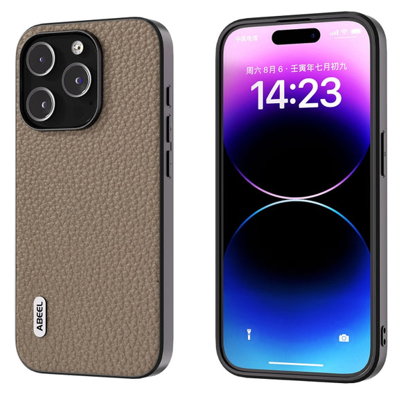 For iPhone 15 Pro Max ABEEL Genuine Leather Litchi Texture Phone Case(Grey)