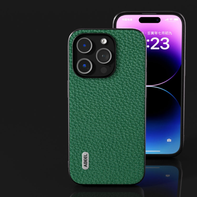 For iPhone 15 Pro ABEEL Genuine Leather Litchi Texture Phone Case(Green)
