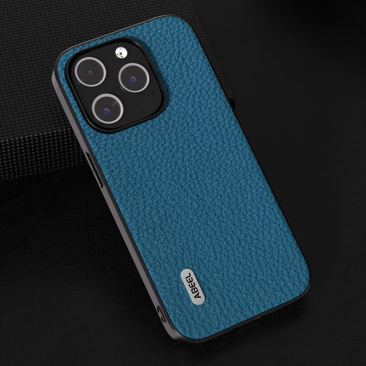 For iPhone 15 Plus ABEEL Genuine Leather Litchi Texture Phone Case(Blue)