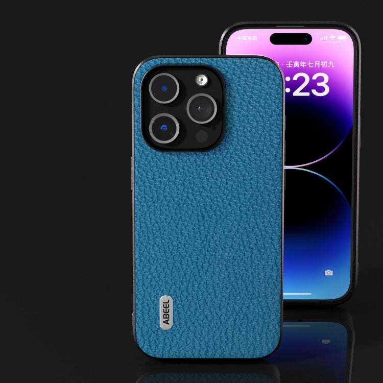 For iPhone 15 Plus ABEEL Genuine Leather Litchi Texture Phone Case(Blue)