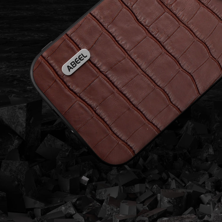 For iPhone 14 Pro ABEEL Crocodile Texture Genuine Leather Phone Case(Brown)