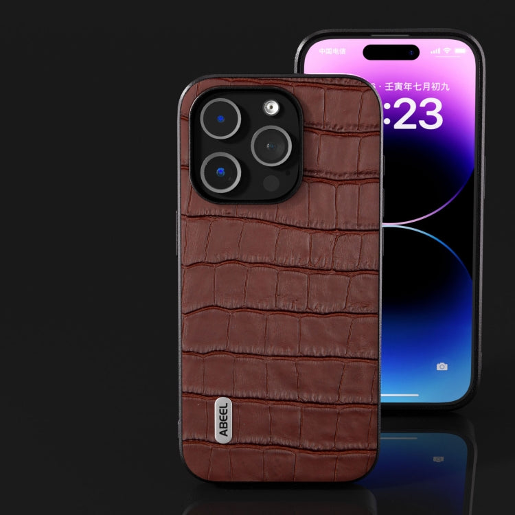 For iPhone 14 Pro Max ABEEL Crocodile Texture Genuine Leather Phone Case(Brown)