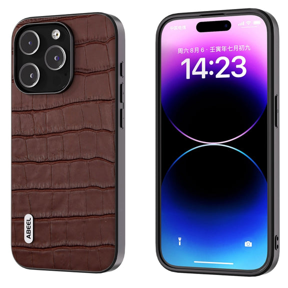 For iPhone 14 Pro Max ABEEL Crocodile Texture Genuine Leather Phone Case(Brown)