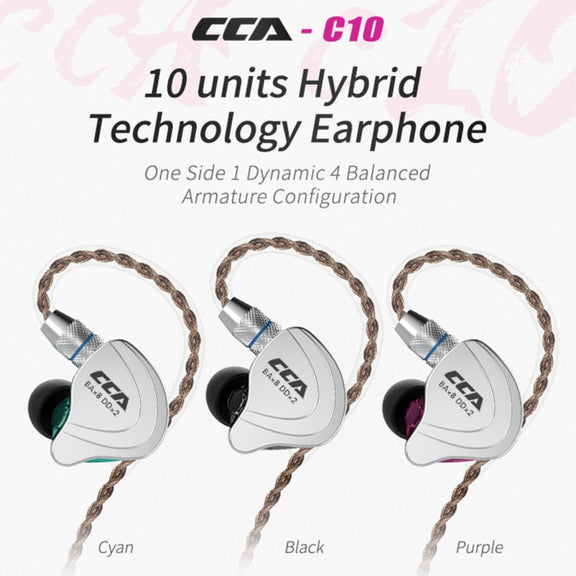 CCA CCA-C10 3.5mm Gold Plated Plug Ten Unit Hybrid Wire-controlled In-ear Earphone, Type:without Mic(Charm Black)