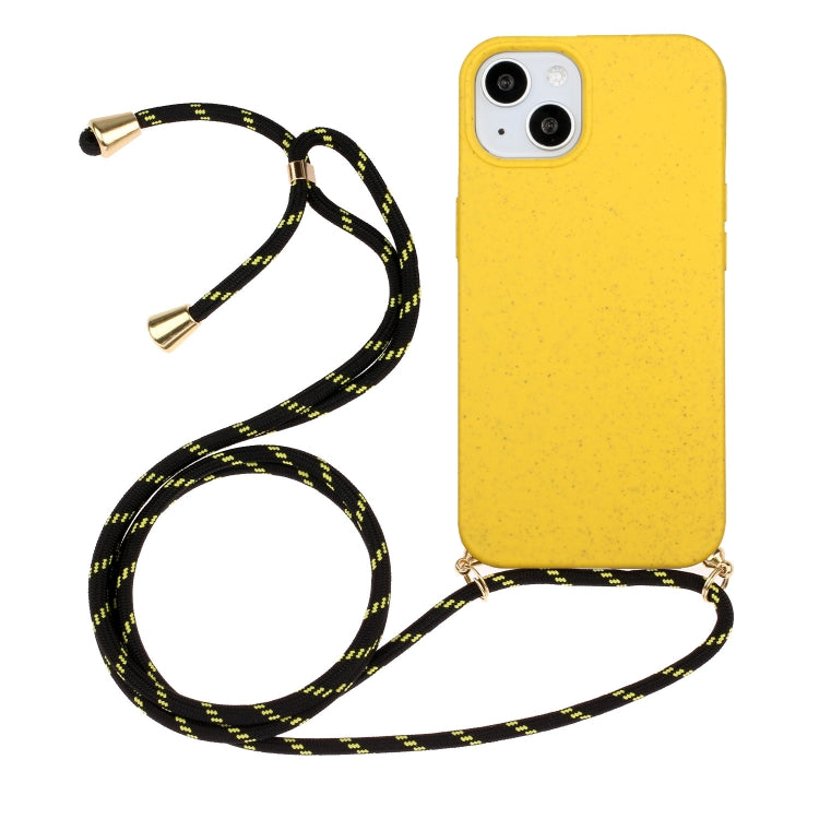 For iPhone 15 Plus Wheat Straw Material + TPU Phone Case with Lanyard(Yellow)