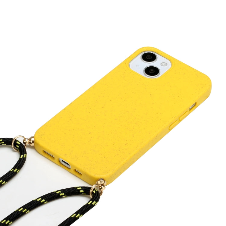 For iPhone 15 Plus Wheat Straw Material + TPU Phone Case with Lanyard(Yellow)