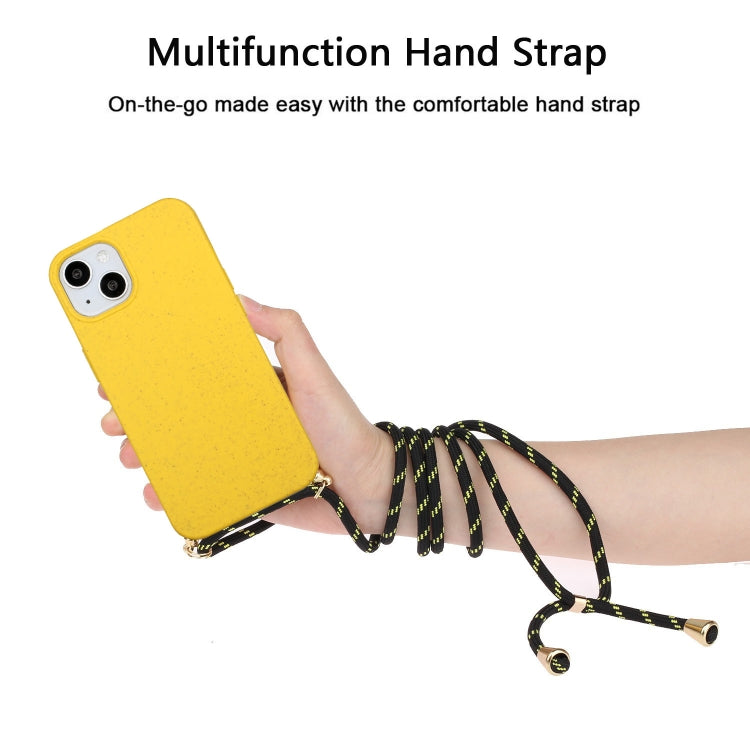 For iPhone 15 Plus Wheat Straw Material + TPU Phone Case with Lanyard(Yellow)