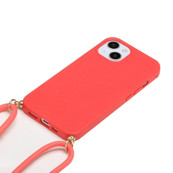 For iPhone 15 Plus Wheat Straw Material + TPU Phone Case with Lanyard(Red)