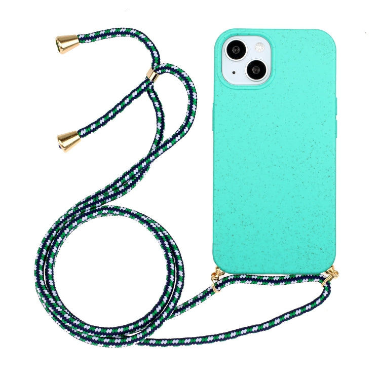 For iPhone 15 Plus Wheat Straw Material + TPU Phone Case with Lanyard(Green)