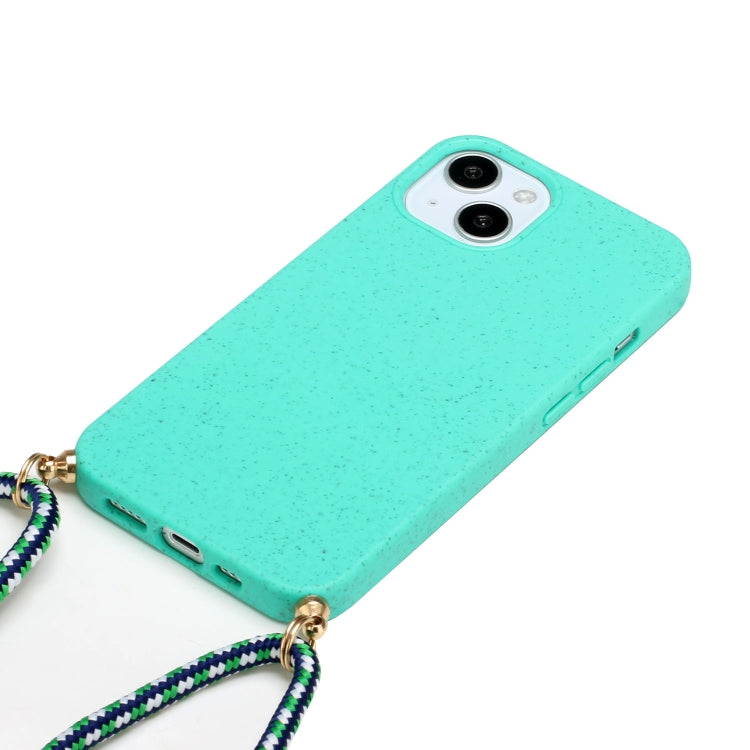 For iPhone 15 Plus Wheat Straw Material + TPU Phone Case with Lanyard(Green)