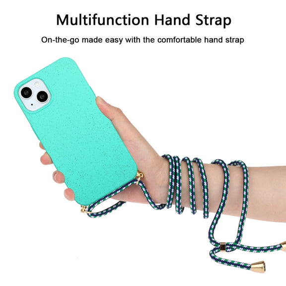 For iPhone 15 Plus Wheat Straw Material + TPU Phone Case with Lanyard(Green)