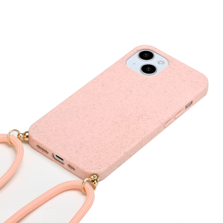 For iPhone 15 Plus Wheat Straw Material + TPU Phone Case with Lanyard(Pink)
