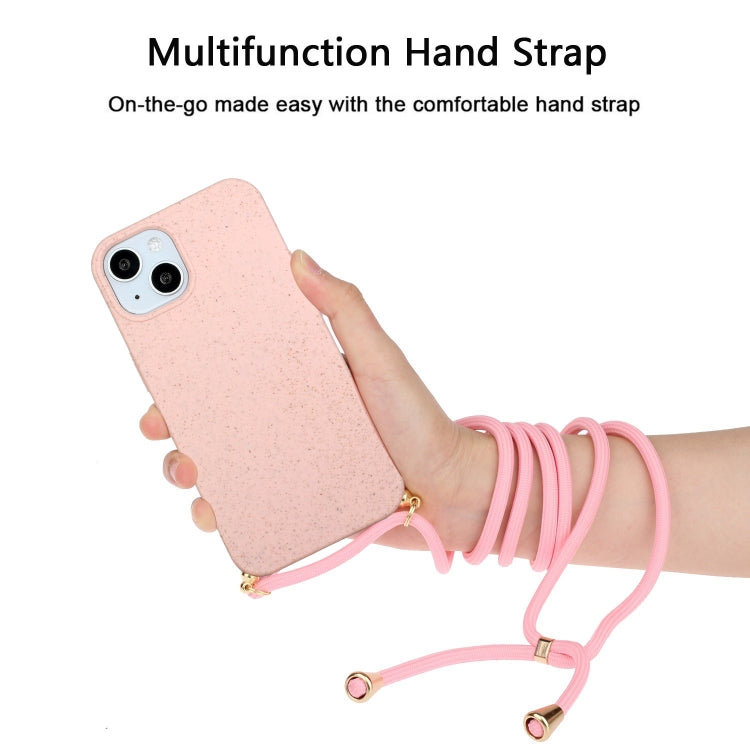 For iPhone 15 Plus Wheat Straw Material + TPU Phone Case with Lanyard(Pink)