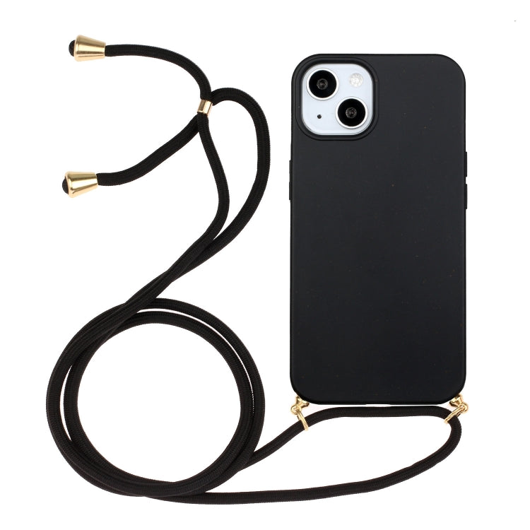 For iPhone 15 Wheat Straw Material + TPU Phone Case with Lanyard(Black)