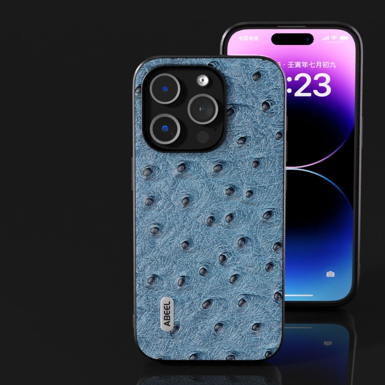 For iPhone 14 ABEEL Genuine Leather Ostrich Texture Phone Case(Blue)