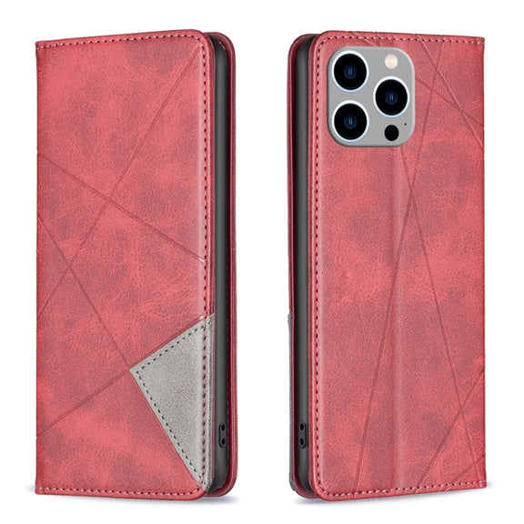 For iPhone 15 Pro Max Rhombus Texture Magnetic Leather Phone Case(Red)
