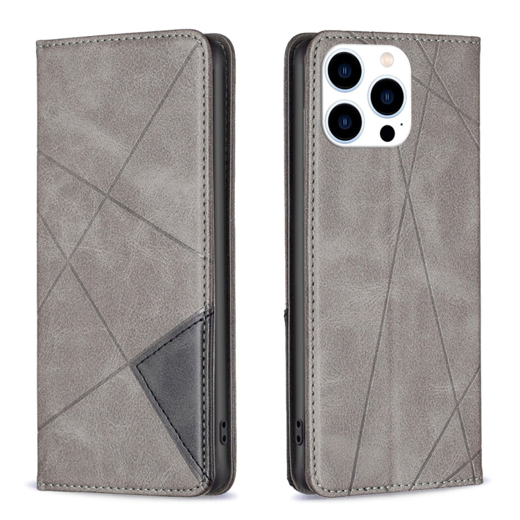For iPhone 15 Pro Rhombus Texture Magnetic Leather Phone Case(Grey)