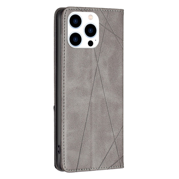 For iPhone 15 Pro Rhombus Texture Magnetic Leather Phone Case(Grey)