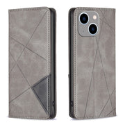 For iPhone 15 Plus Rhombus Texture Magnetic Leather Phone Case(Grey)
