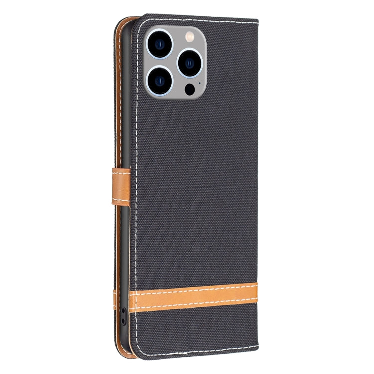 For iPhone 15 Pro Max Color Block Denim Texture Leather Phone Case(Black)