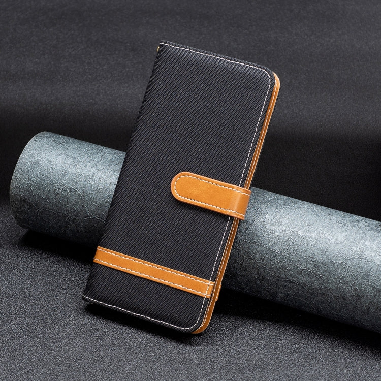 For iPhone 15 Pro Max Color Block Denim Texture Leather Phone Case(Black)