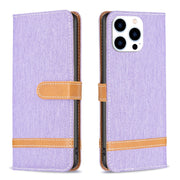 For iPhone 15 Pro Color Block Denim Texture Leather Phone Case(Purple)