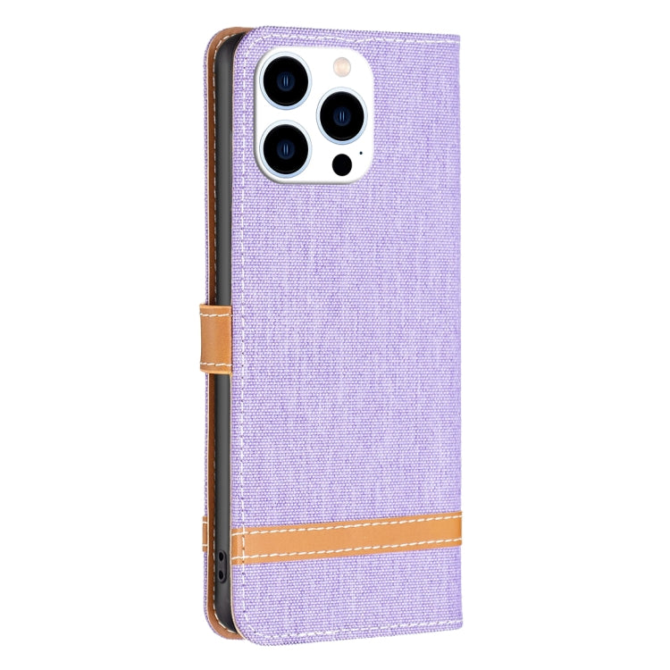 For iPhone 15 Pro Color Block Denim Texture Leather Phone Case(Purple)