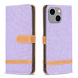 For iPhone 15 Plus Color Block Denim Texture Leather Phone Case(Purple) - free shipping - PMC TechLife - Order now!