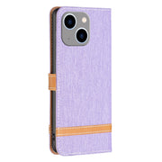 For iPhone 15 Plus Color Block Denim Texture Leather Phone Case(Purple)